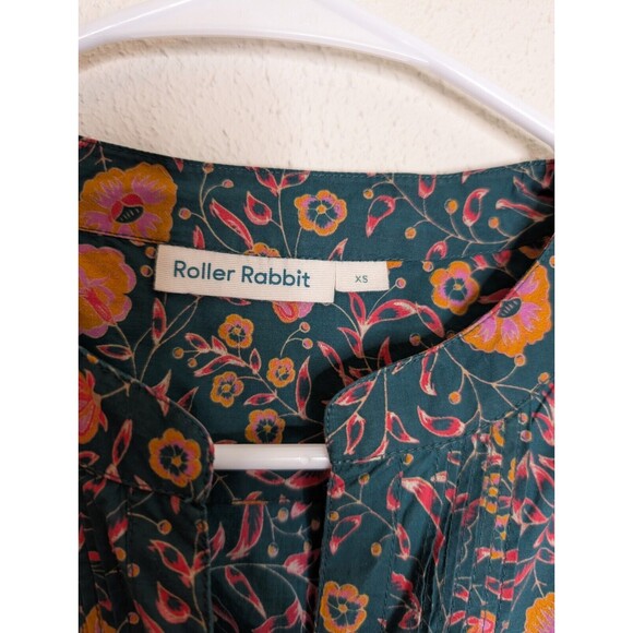 Roller Rabbit 3/4 Sleeve Organic Cotton Boho Top Green Floral Cottagecore XS - Picture 2 of 5